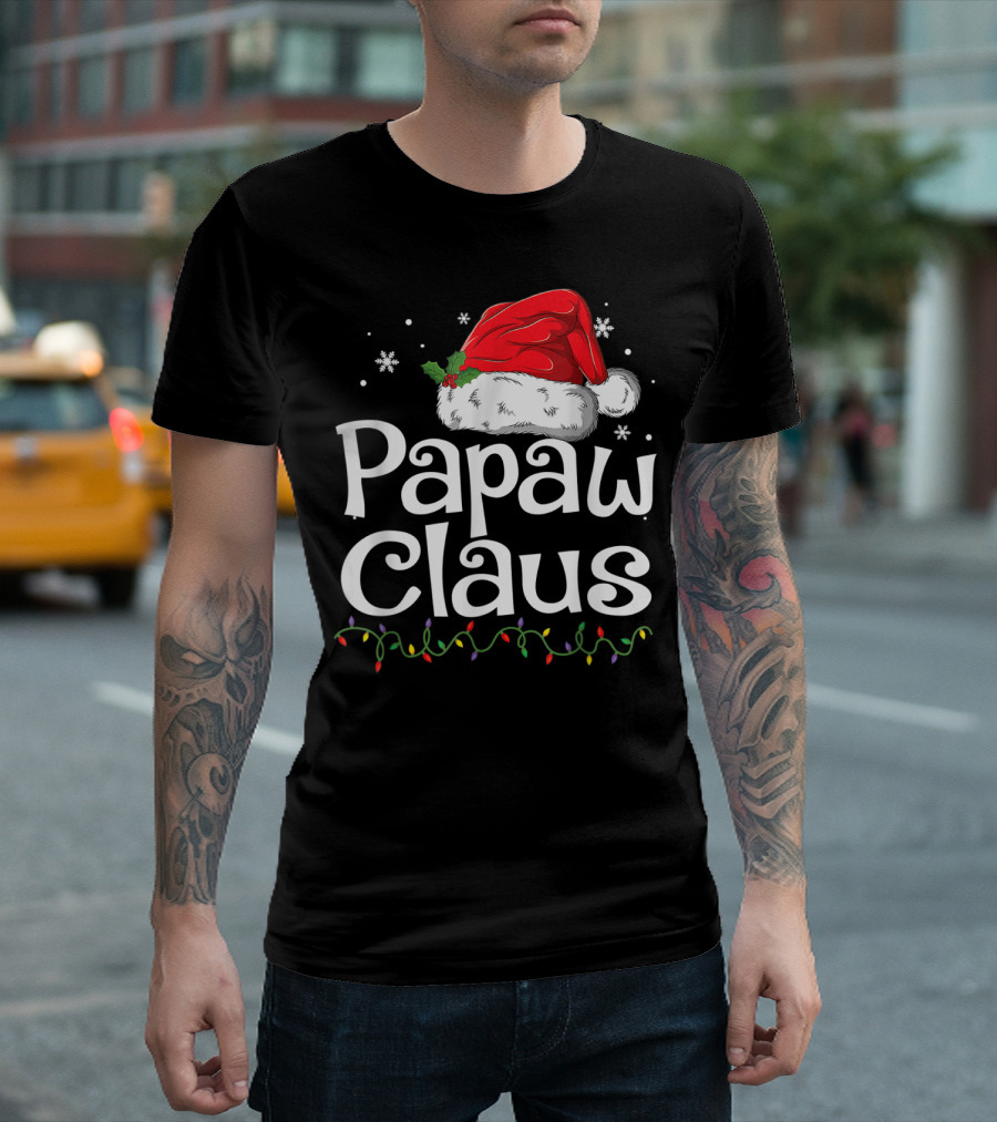 Papaw Claus Christmas Santa Hat With Snowflakes And Holiday Lights T-Shirt