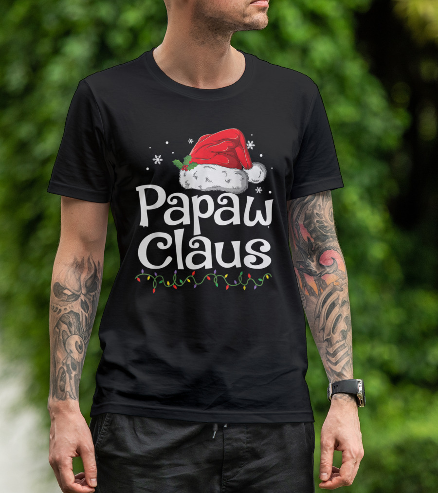 Papaw Claus Christmas Santa Hat With Snowflakes And Holiday Lights T-Shirt