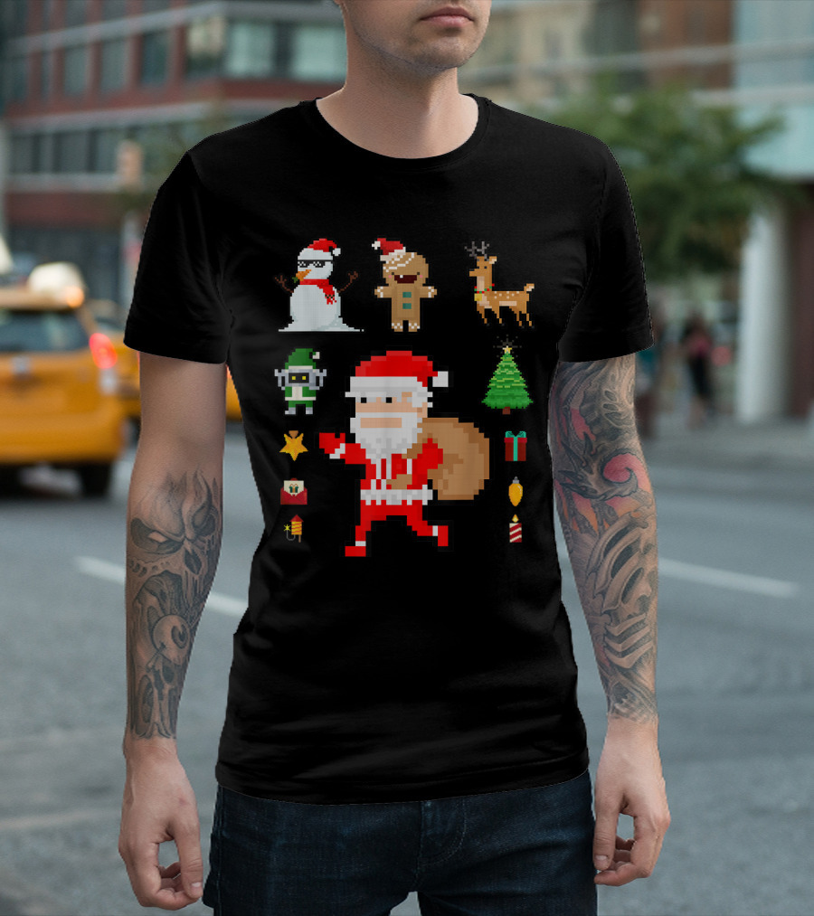 Pixel 8Bit Santa Claus Snowman Gingerbread Reindeer Christmas Tree Gifts Gaming T-Shirt