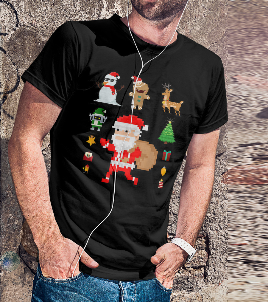 Pixel 8Bit Santa Claus Snowman Gingerbread Reindeer Christmas Tree Gifts Gaming T-Shirt