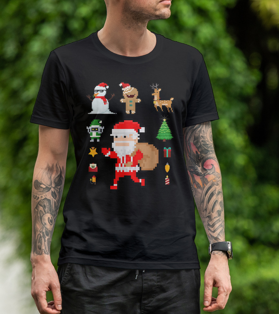 Pixel 8Bit Santa Claus Snowman Gingerbread Reindeer Christmas Tree Gifts Gaming T-Shirt