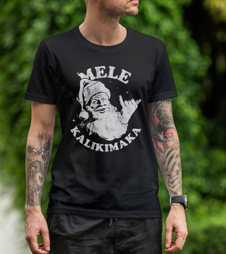 Retro Mele Kalikimaka Santa Shaka Hawaii Christmas T-Shirt