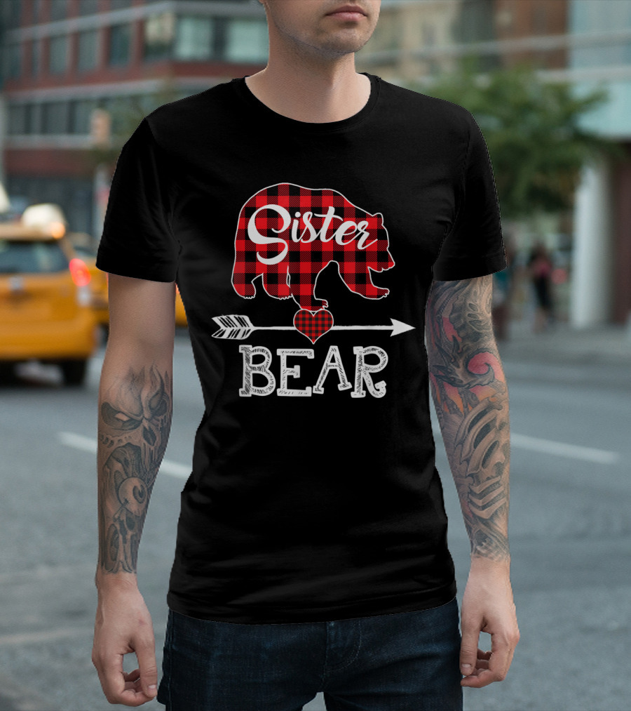 Sister Bear Christmas Red Plaid Buffalo Arrow Heart T-Shirt