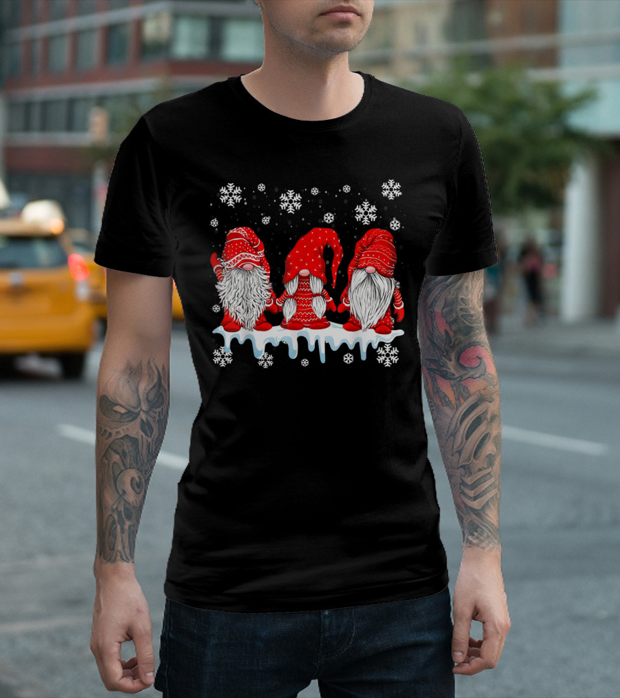 Three Festive Red Gnomes with Snowflakes T-Shirt