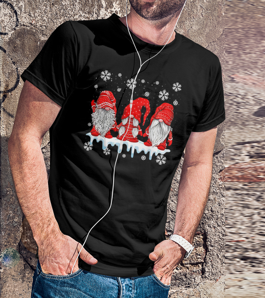 Three Festive Red Gnomes With Snowflakes T-Shirt