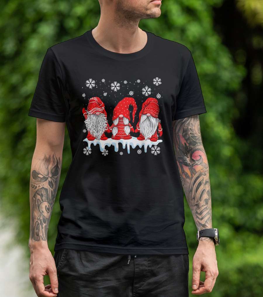 Three Festive Red Gnomes With Snowflakes T-Shirt
