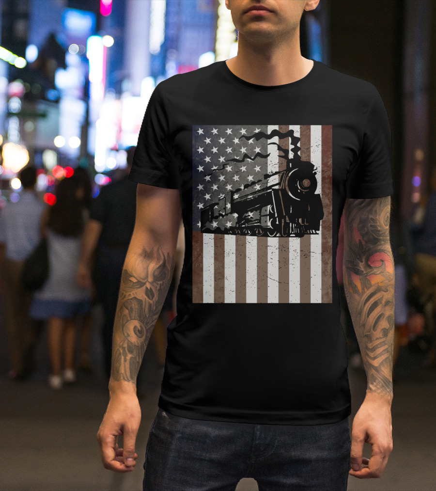 American Flag Steam Train Vintage Model Builder T-Shirt
