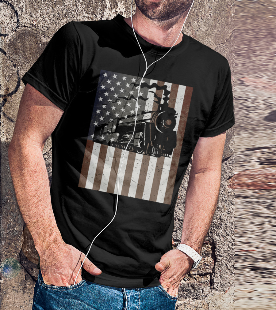 American Flag Steam Train Vintage Model Builder T-Shirt