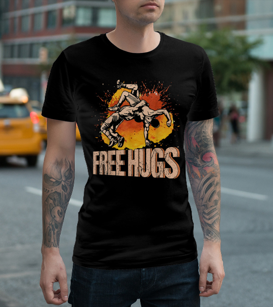 Free Hugs Wrestling Art With Splash Background T-Shirt