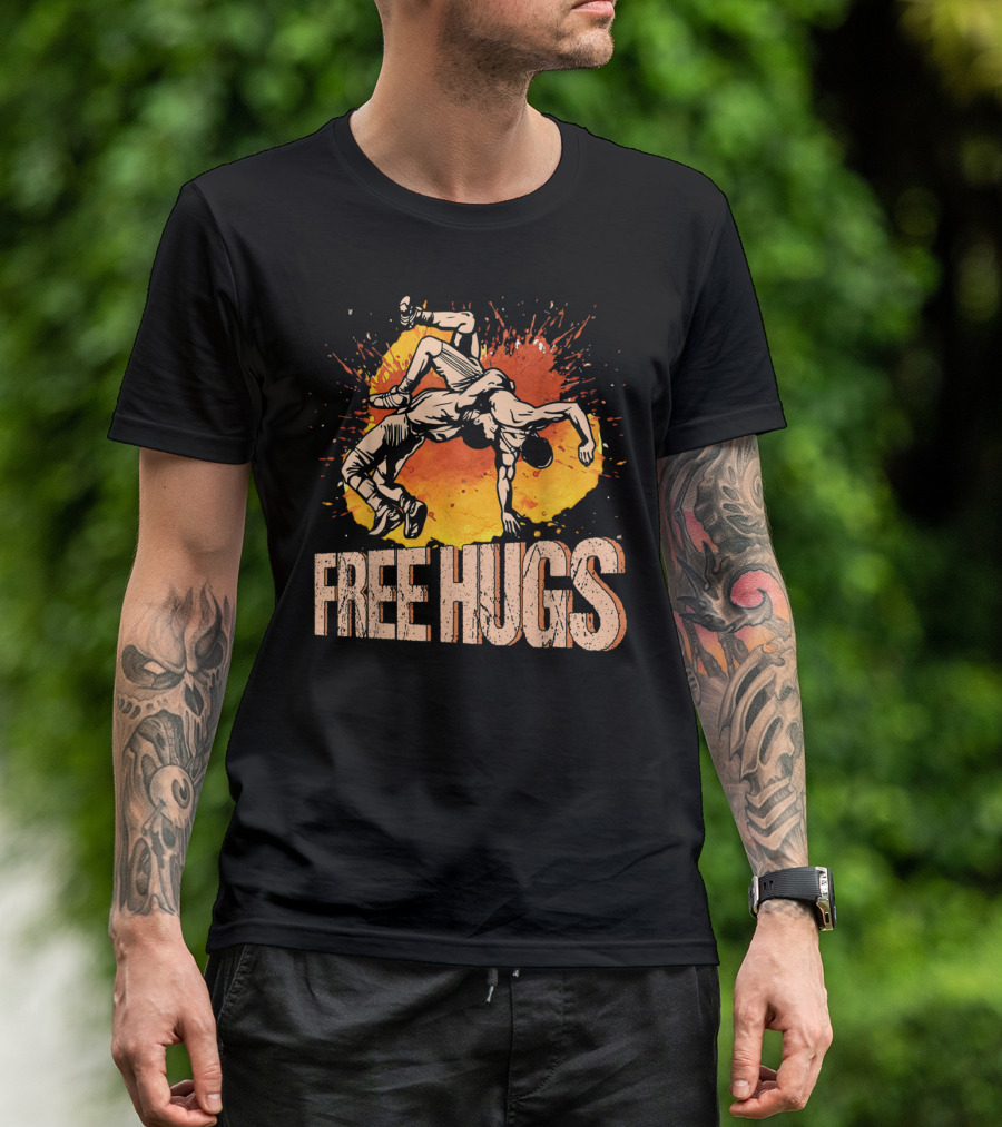 Free Hugs Wrestling Art With Splash Background T-Shirt