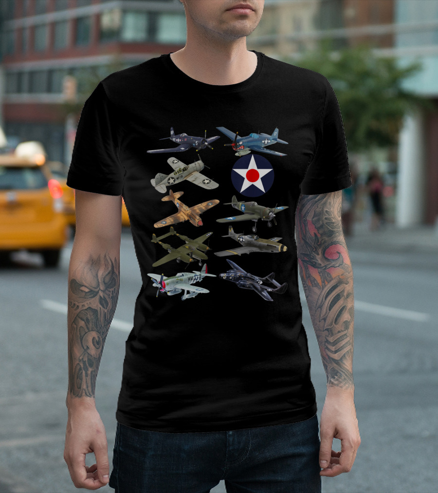 WW2 American F4U Corsair P51 Mustang P40 Warhawk Fighter Aircraft Collection T-Shirt