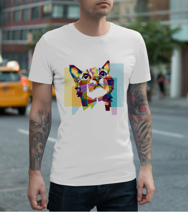 Colorful Geometric Cat Portrait In Vibrant Pop T-Shirt