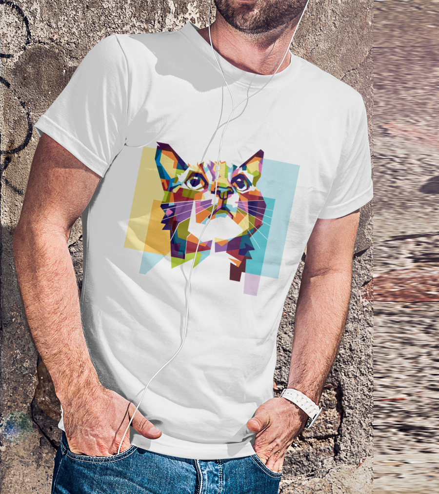 Colorful Geometric Cat Portrait In Vibrant Pop T-Shirt