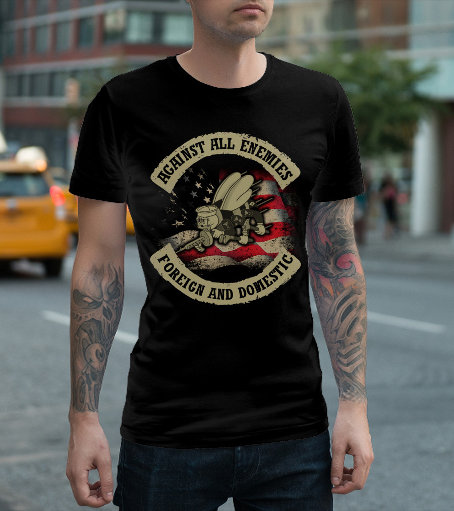 Against All Enemies Foreign And Domestic Vintage Army Bee Usa Flag T-Shirt