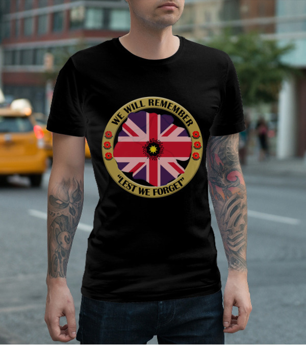 We Will Remember Lest We Forget Union Jack Poppy Remembrance T-Shirt