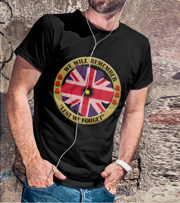 We Will Remember Lest We Forget Union Jack Poppy Remembrance T-Shirt