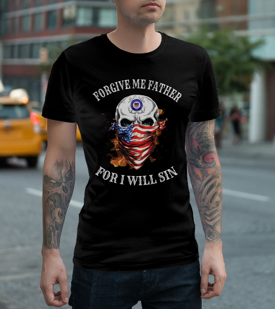 Forgive Me Father For I Will Sin Skull With American Flag Bandana And Fire T-Shirt