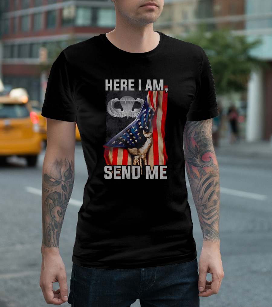 Here I Am Send Me American Flag Paratrooper Wings T-Shirt