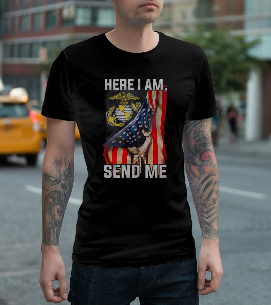 Here I Am Send Me Us Marine Corps American Flag T-Shirt