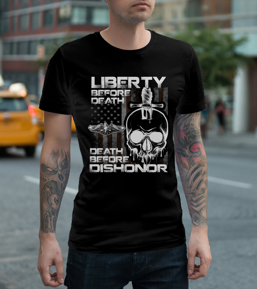 Liberty Before Death Before Dishonor Skull Dagger American Flag T-Shirt
