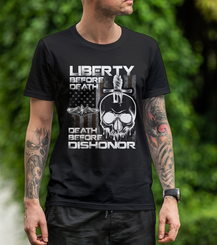 Liberty Before Death Before Dishonor Skull Dagger American Flag T-Shirt