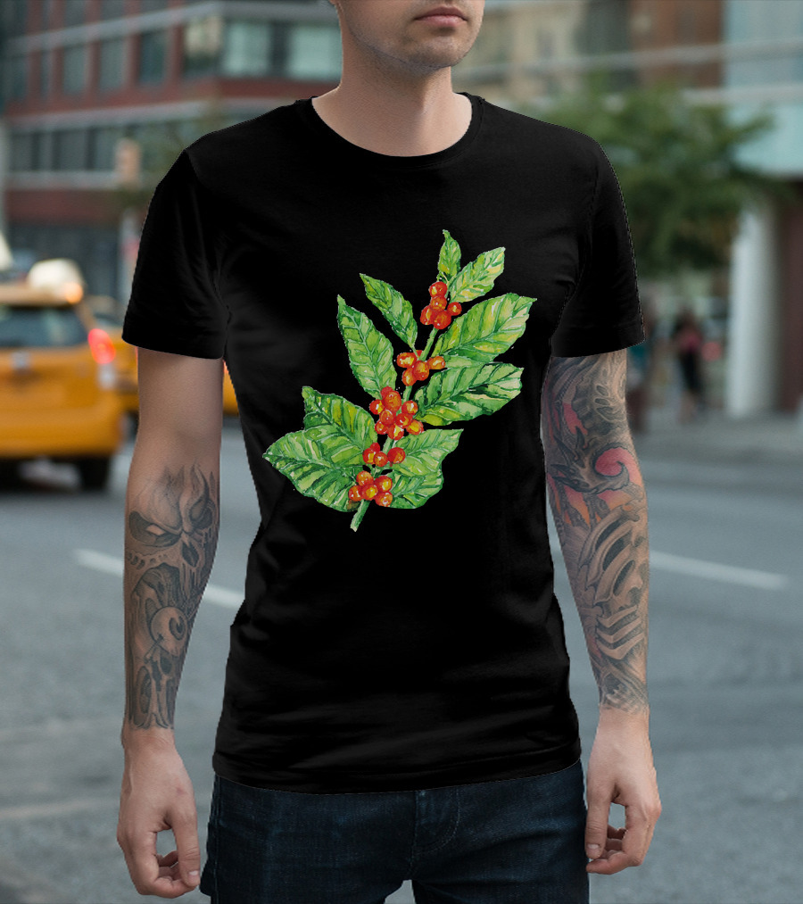 Coffee Plant Watercolor Leaf and Berry T-Shirt