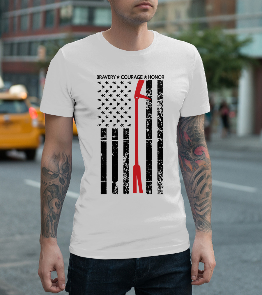 BRAVERY COURAGE HONOR Firefighter Flag with Red Halligan Tool T-Shirt