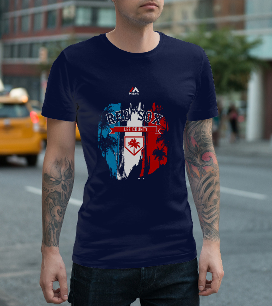 Majestic Red Sox Lee County Mookie Betts Palm Tree Blue Red White T-Shirt