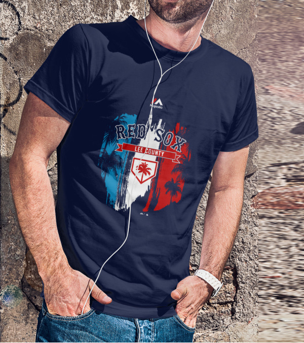 Majestic Red Sox Lee County Mookie Betts Palm Tree Blue Red White T-Shirt