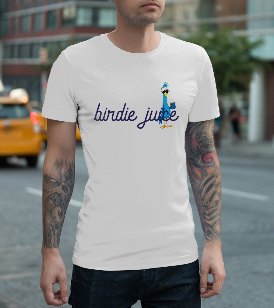 Birdie Juice Script Fun Cool Bird with Sunglasses and Drink T-Shirt