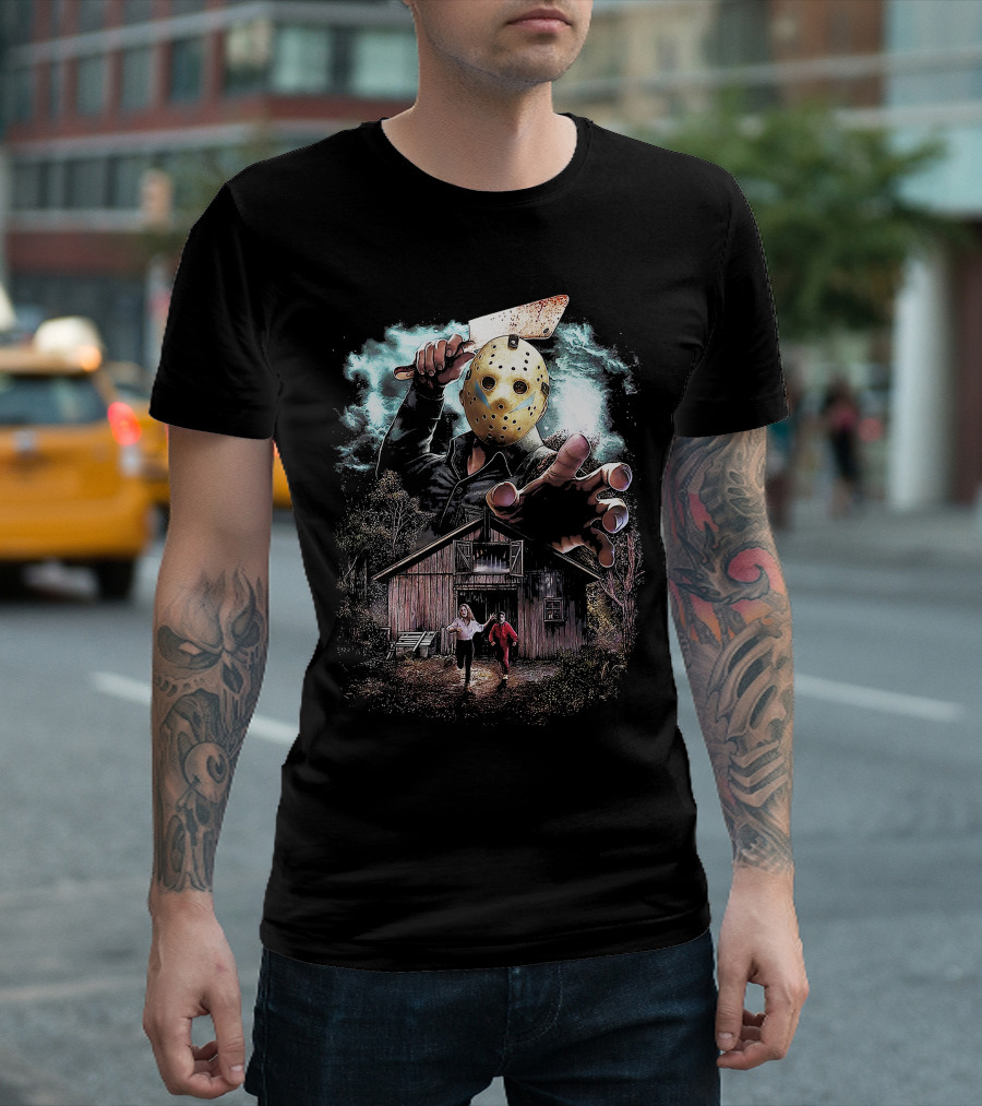 Friday The 13th Jason Voorhees Mask And Cabin Scene T-Shirt