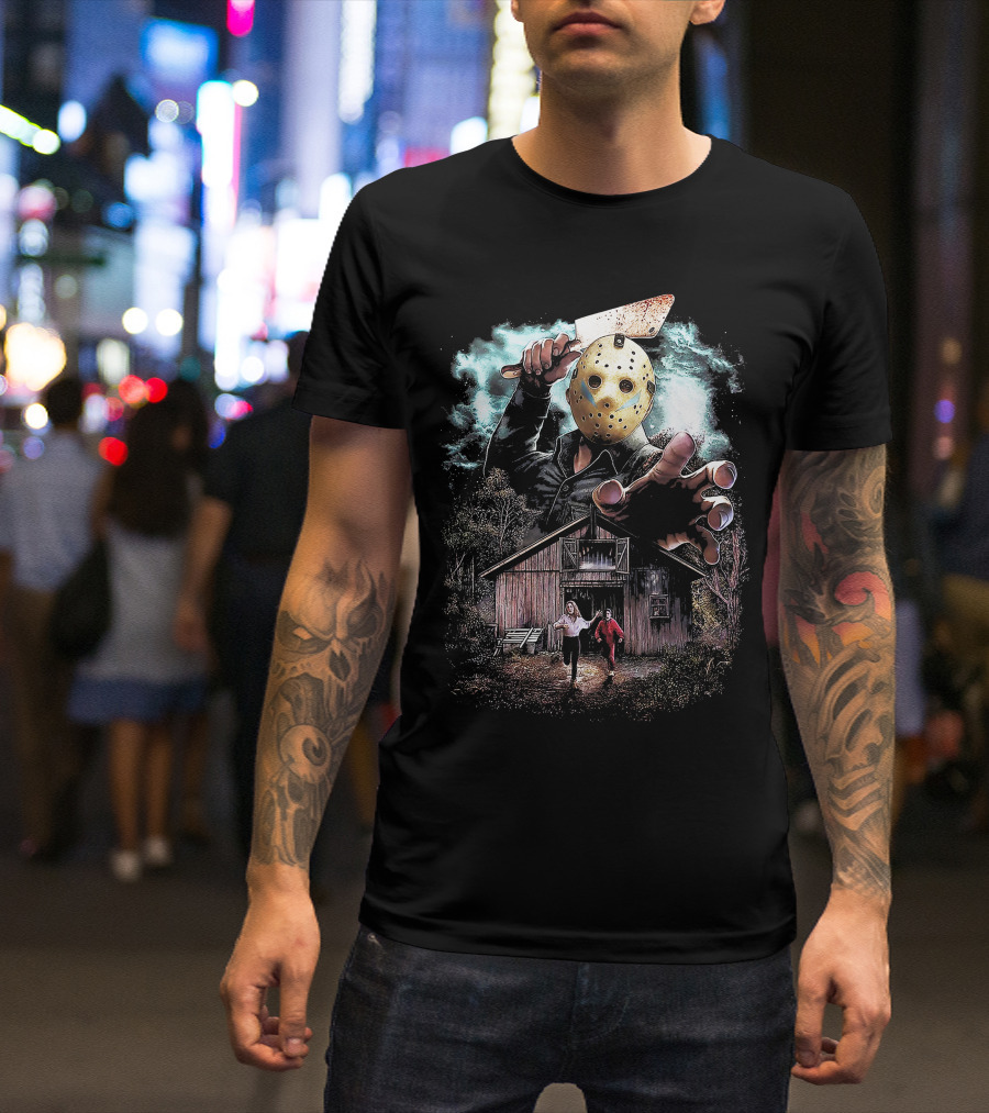 Friday The 13th Jason Voorhees Mask And Cabin Scene T-Shirt