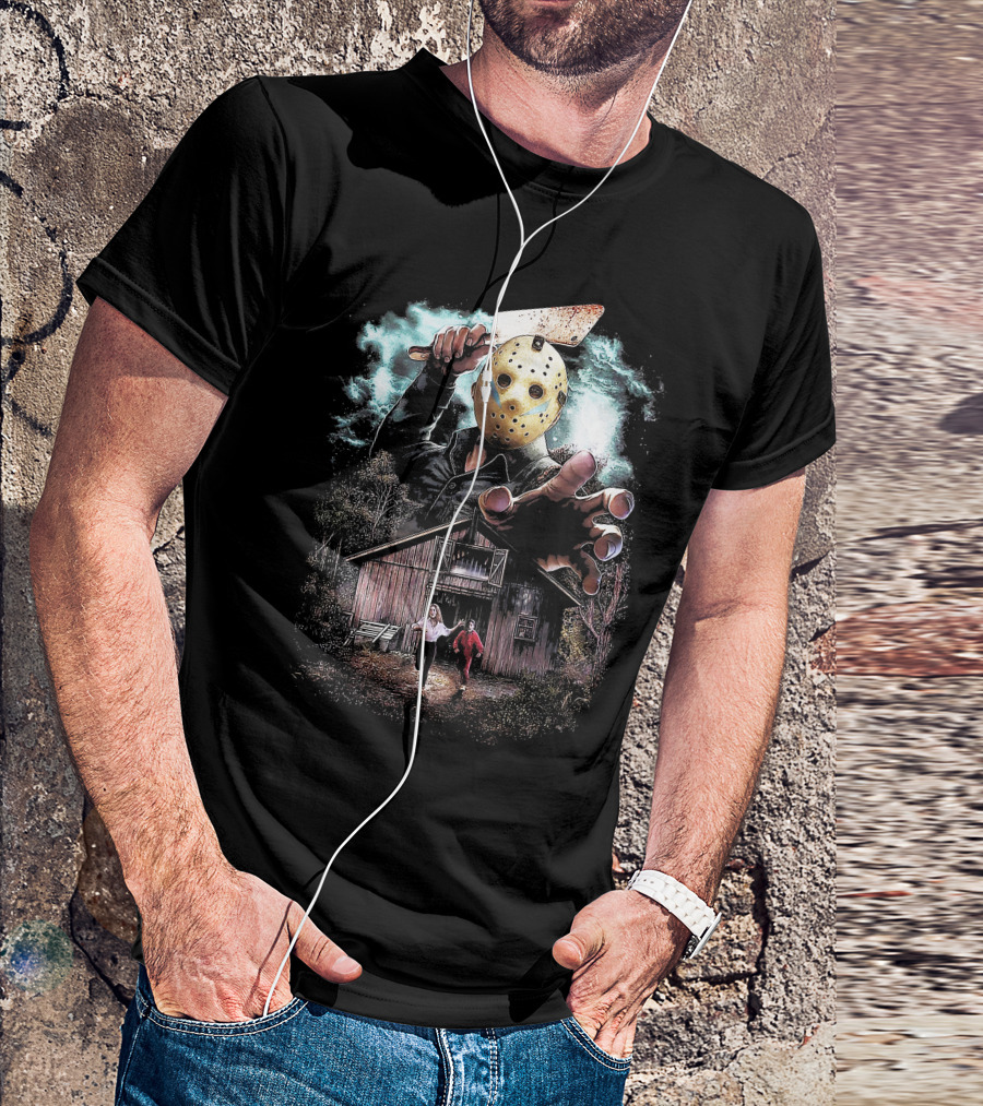 Friday The 13th Jason Voorhees Mask And Cabin Scene T-Shirt