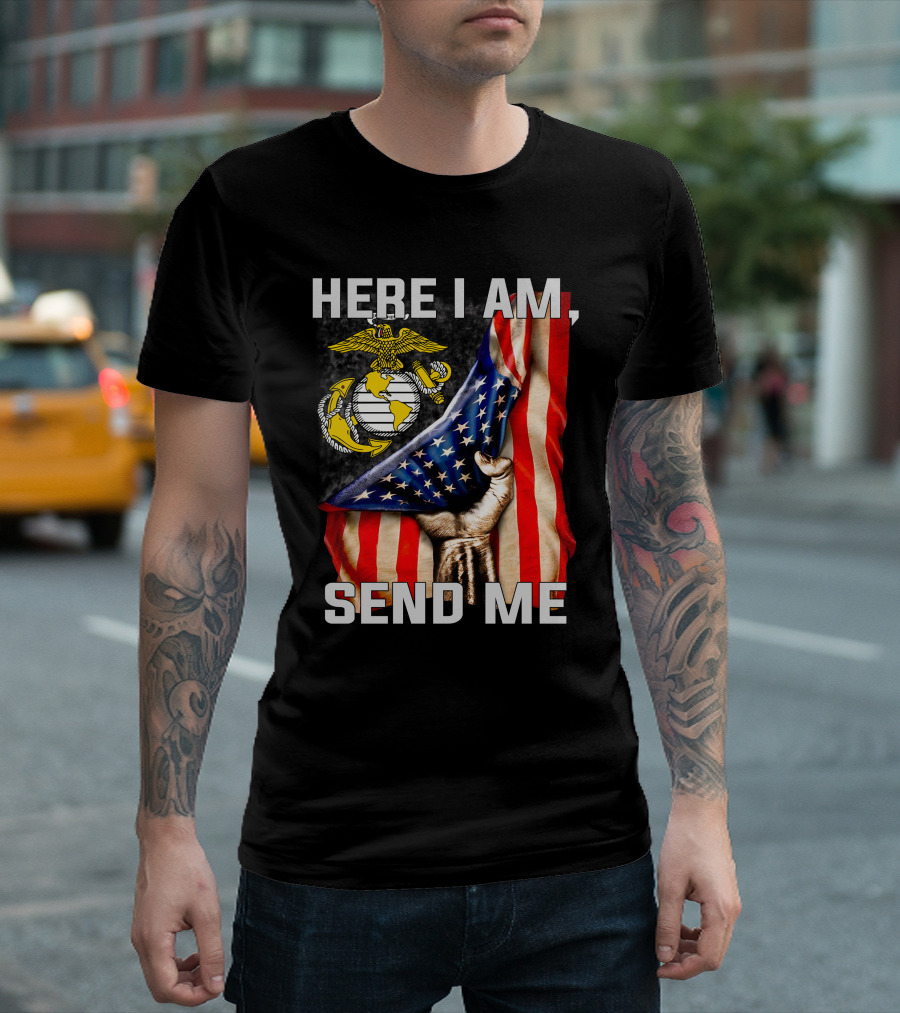Here I Am Send Me US Marine Corps Eagle Globe Anchor American Flag T-Shirt