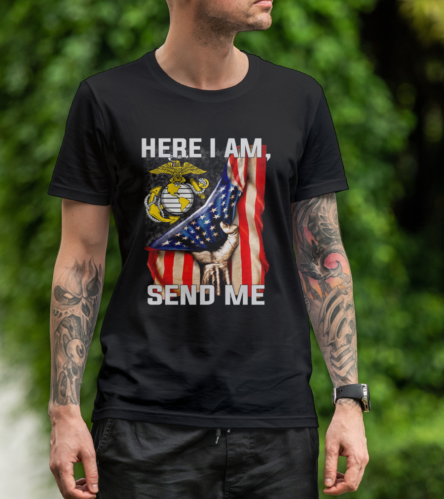 Here I Am Send Me US Marine Corps Eagle Globe Anchor American Flag T-Shirt