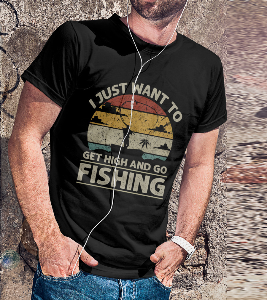 I Just Want To Get High And Go Fishing Vintage Sunset Canoe Adventure T-Shirt