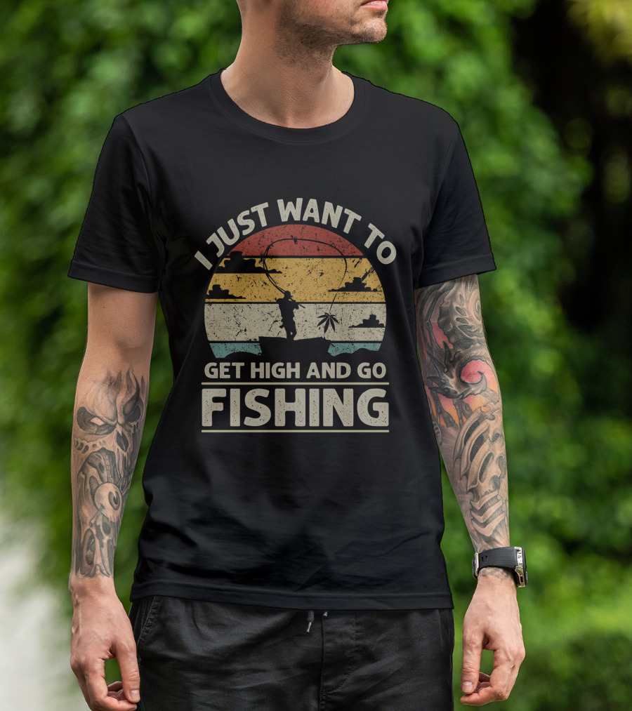 I Just Want To Get High And Go Fishing Vintage Sunset Canoe Adventure T-Shirt