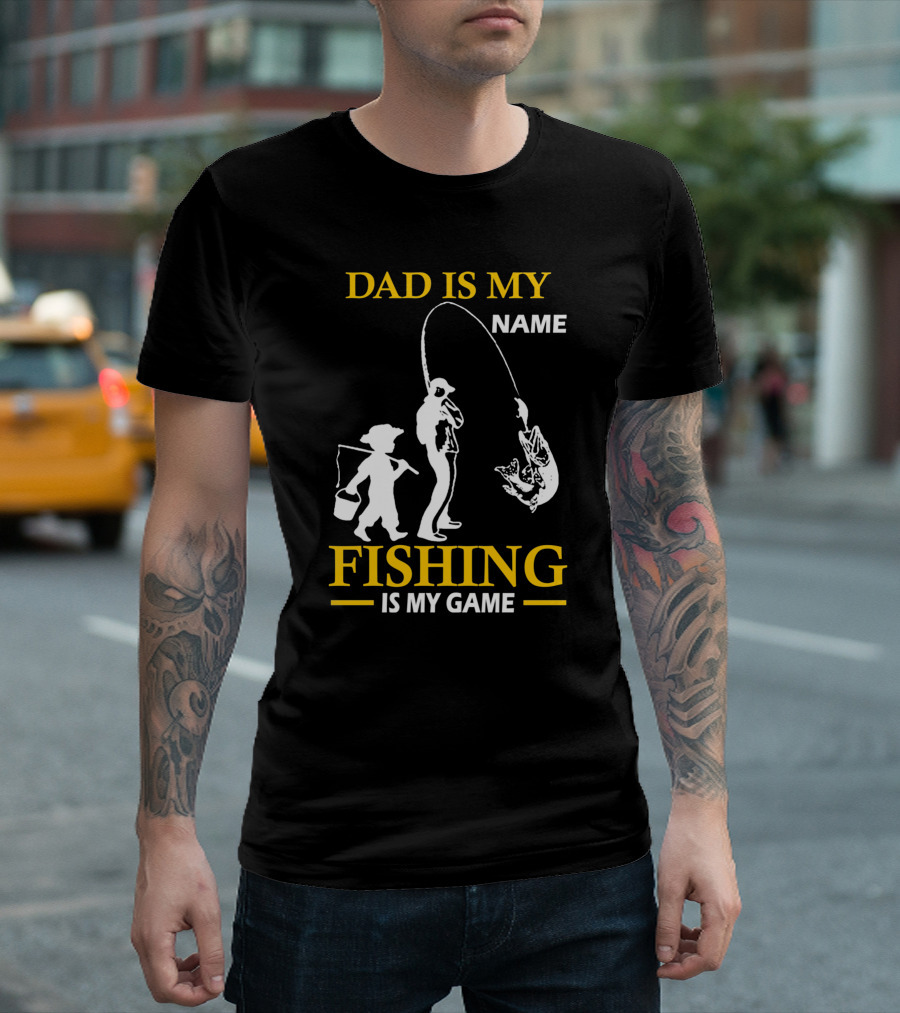 Dad Is My Name Fishing Is My Game White Silhouette Fisherman and Child with Catch T-Shirt