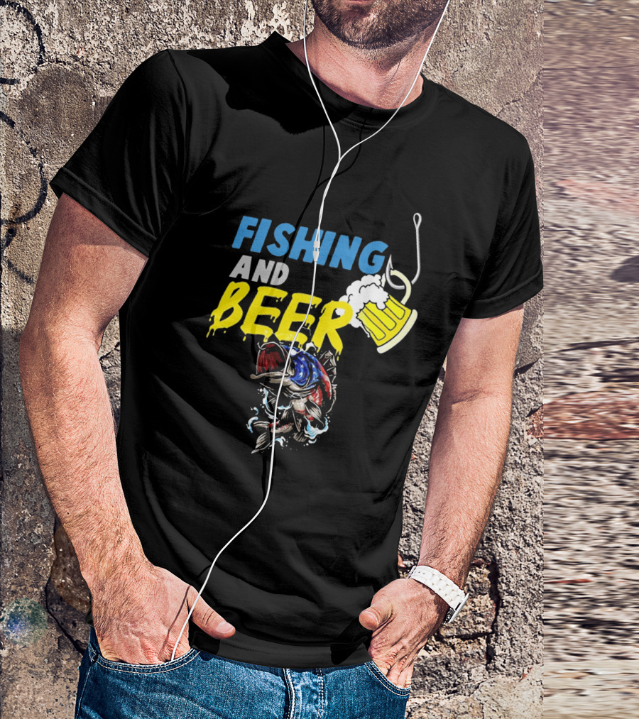 Fishing And Beer American Flag Fish Version With Mug And Hook T-Shirt