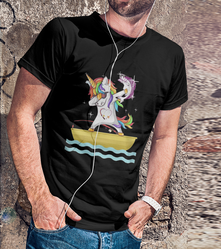 Unicorn Dabbing With Fish On Boat T-Shirt
