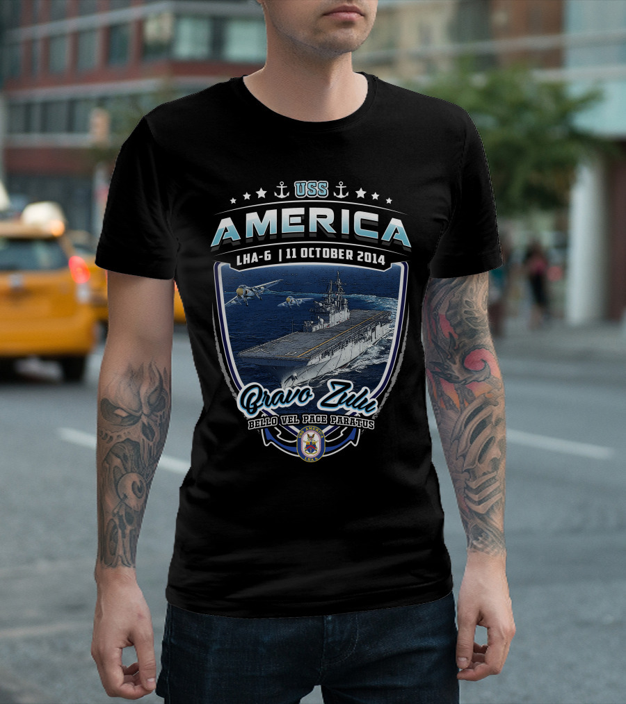 Uss America Lha-6 11 October 2014 Bravo Zulu Bello Vel Pace Paratus T-Shirt