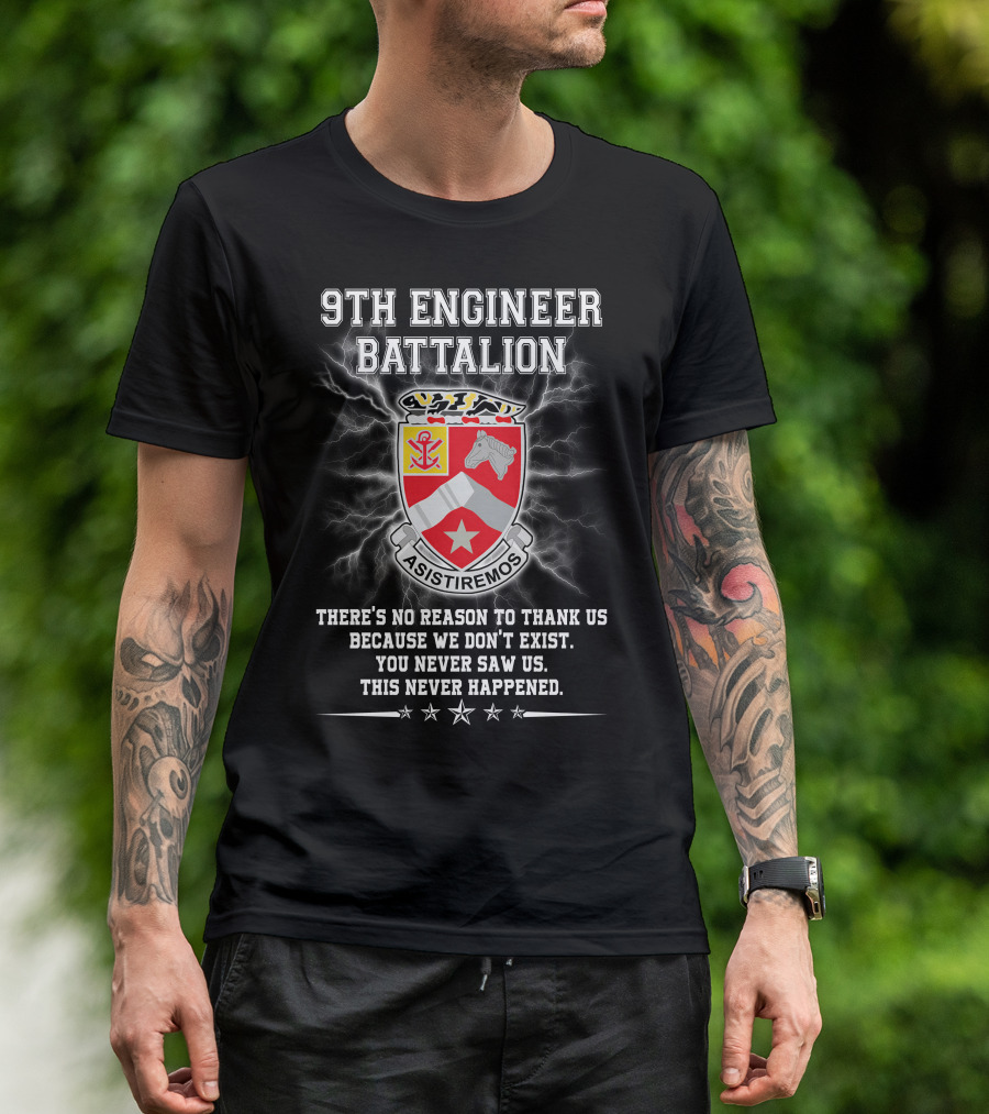 9Th Engineer Battalion Asistiremos Coat Of Arms Electric Background Never Happened T-Shirt