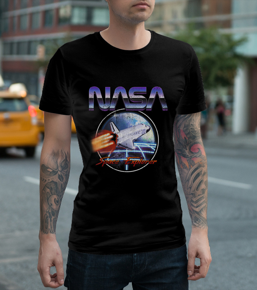 NASA Space Explorer 80's Neon Chrome Shuttle Retro Grid T-Shirt