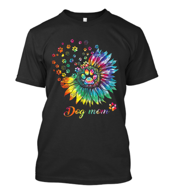 Dog Mom Tie Dye Sunflower With Paw Prints T-Shirt