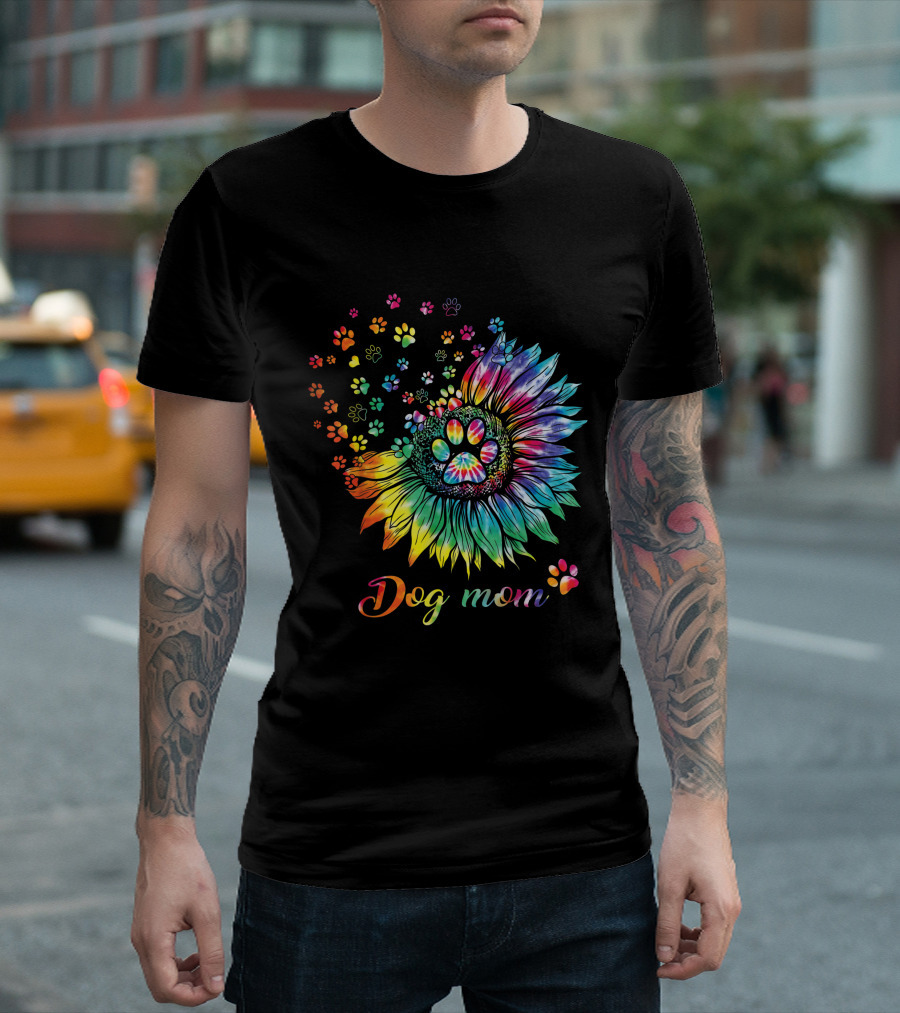 Dog Mom Tie Dye Sunflower with Paw Prints T-Shirt