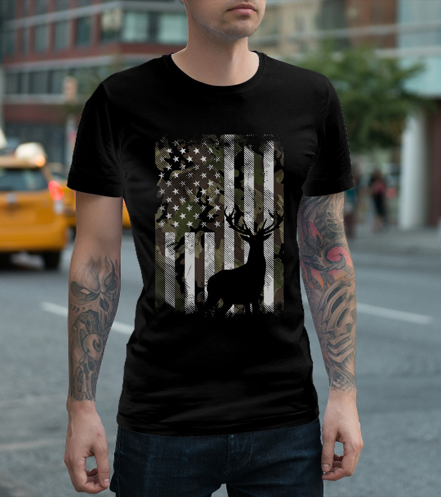 Camo American Flag With Deer Silhouette USA Hunting T-Shirt
