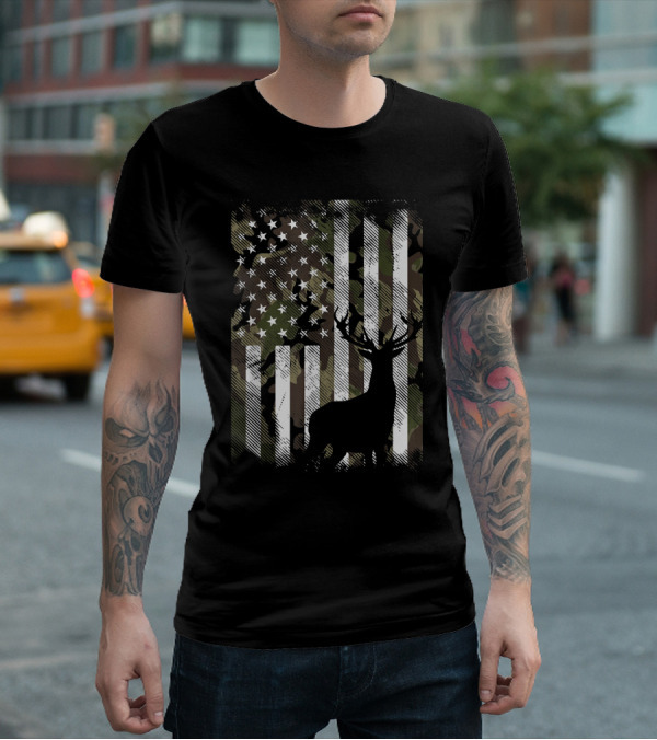 Camo American Flag With Deer Silhouette USA Hunting T-Shirt