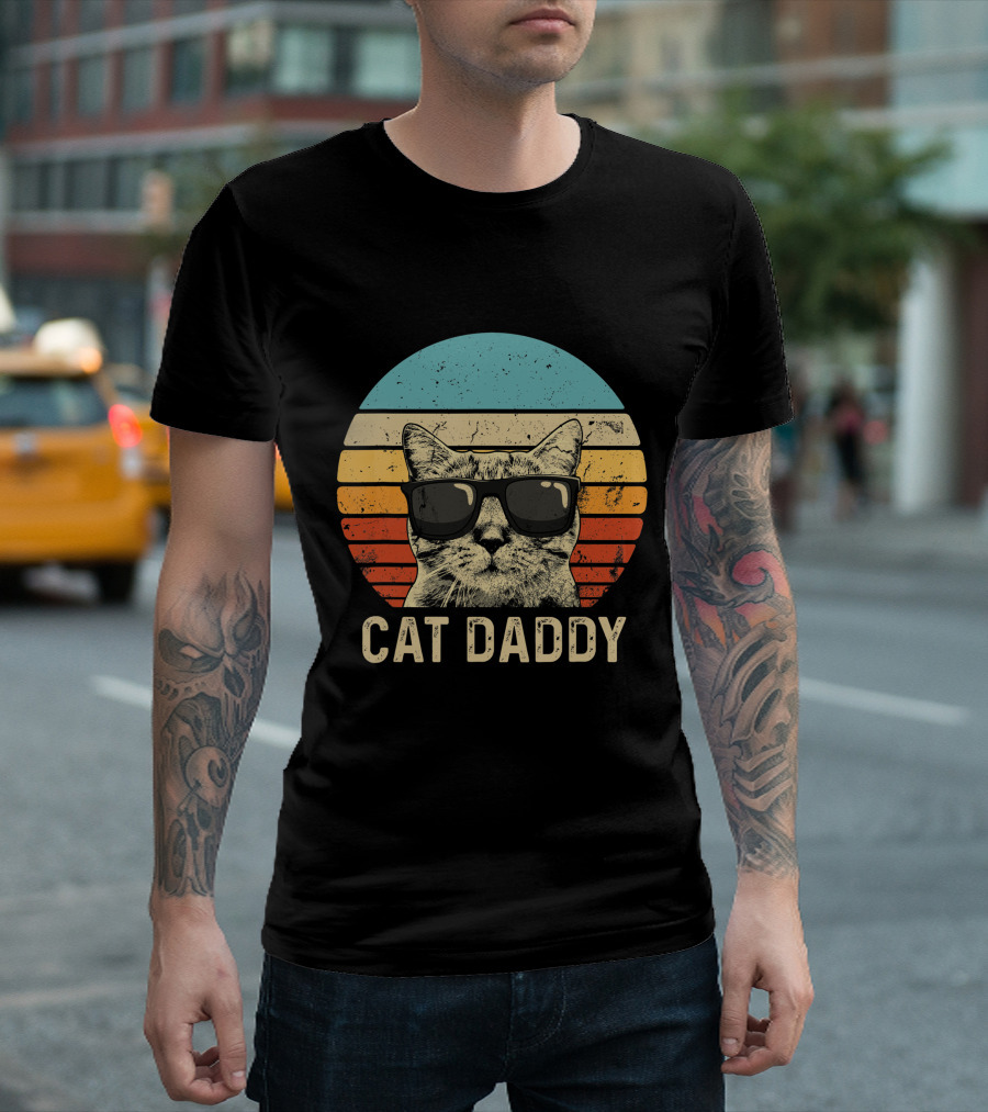Mens Vintage Cat Daddy Funny Cat Lover Cat Dad Fathers Retro Sunglasses Cat T-Shirt