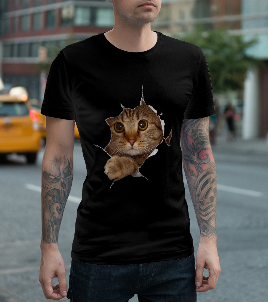 Sweet Kitten Torn Cloth Funny Cat Lover Cat Owner Cat Lady Peeking Cat Through Rip T-Shirt