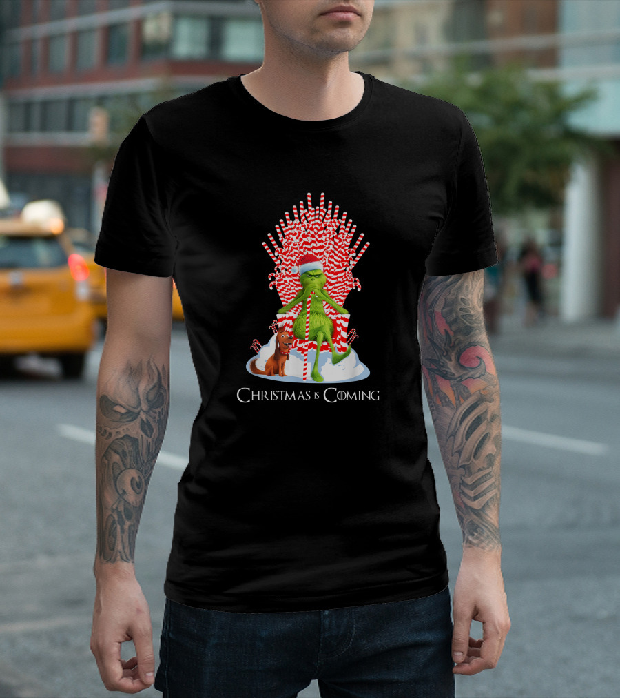 Grinch Christmas Is Coming Candy Cane Throne Funny T-Shirt